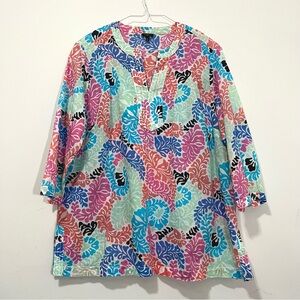 Talbots 1X Multicolor Coral Reef Print Blouse 3/4 Sleeve Notch Neck Lightweight